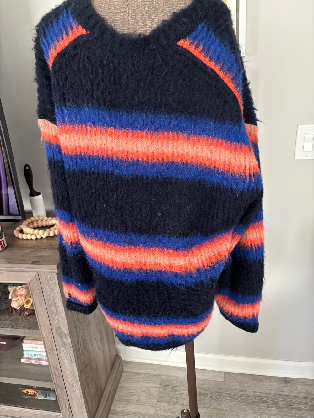 Kenzo Fuzzy Black Sweater with Blue & Orange Stripes XL - Picture 3 of 7